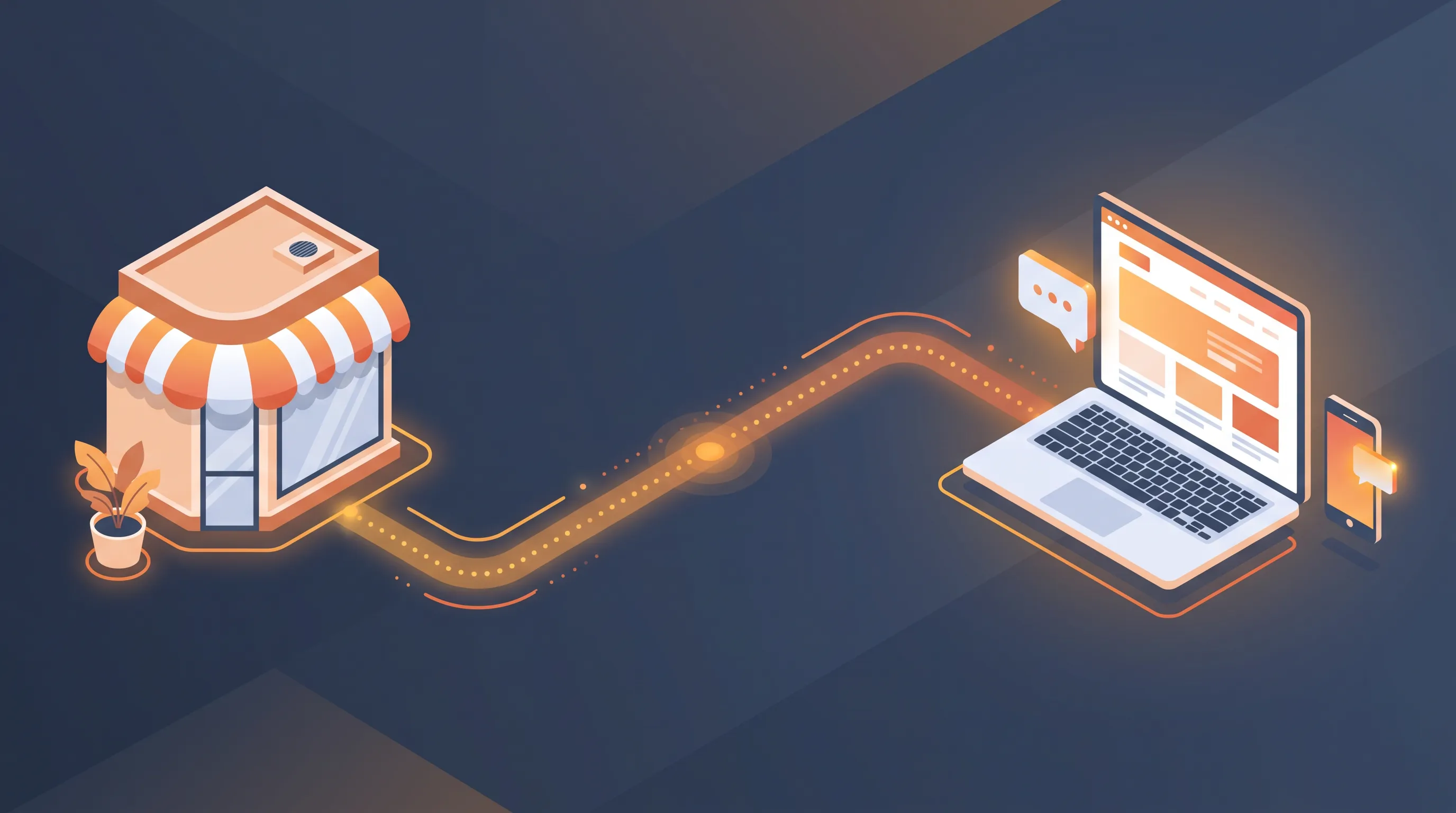 Illustration of a local storefront and service van connecting into a website, chat, and lead network